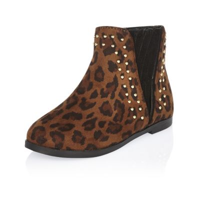Mini girls brown leopard print boots